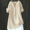 thumbnail image 2 of T Shirts Women Loose Fit Buttons Shirts V Neck Long Sleeve Trendy Dressy Blouses Comfy Tunic Plus Size Womens Shirts Beige L, 2 of 3