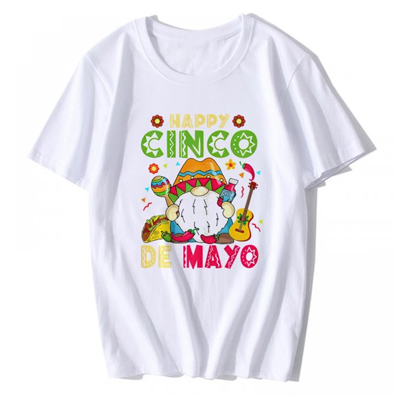 Women's T-shirt Happy Cinco De Mayo Mexican Gnome Cinco De Mayo Casual Summer Short Sleeve Top White X-Large