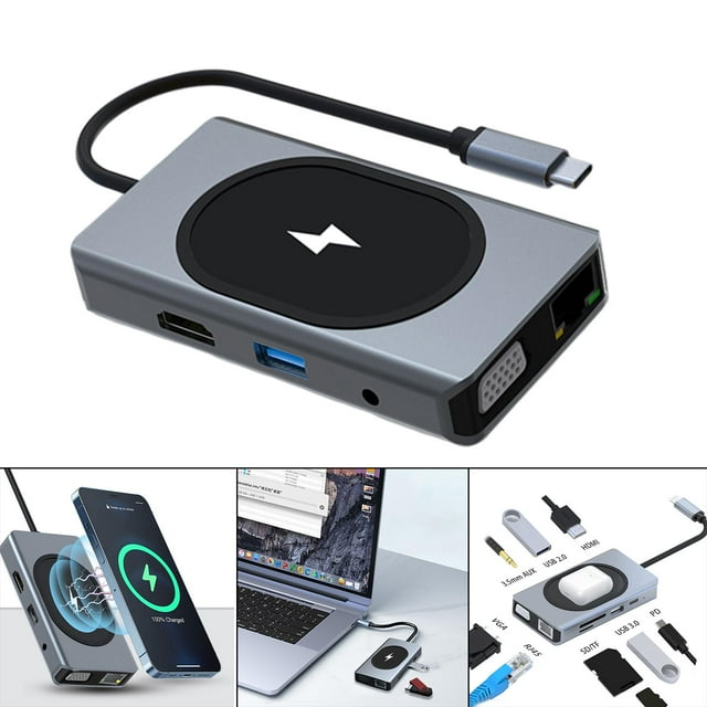 Adaptador de Estación de acoplamiento 4K VGA PD Lector de tarjetas TF carga rápida teléfonos Android