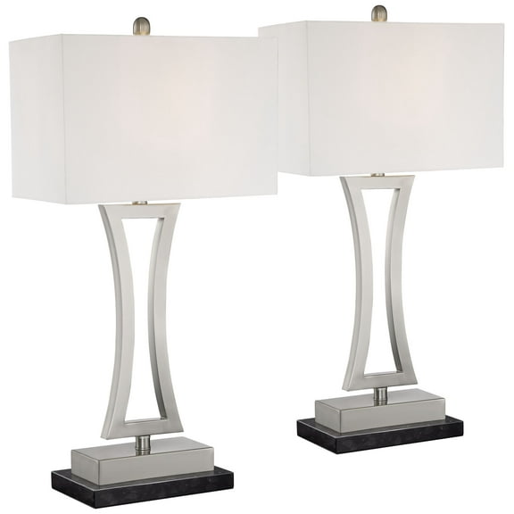 360 Lighting Roxie Modern Table Lamps Set of 2 with Black Marble Risers 31" Tall Brushed Nickel Off White Fabric Shade for Bedroom Living Room Bedside
