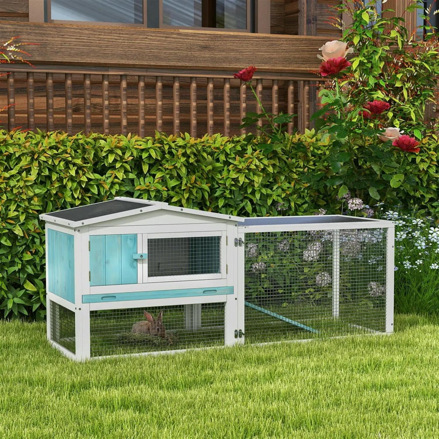 Kadyn 61" 2-Story Wooden Rabbit Hutch with Slide-out Tray, Outdoor Small Animal Habitat Enclosure Bunny Cage for Bunnies, Guinea Pigs, Blue