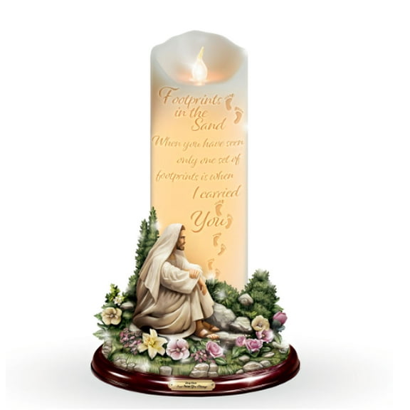 The Bradford Exchange Footprints Candle 24-hour timer Lights on and Off with with Imagery of Our Lord Sculpture by Greg Olsen 9-inches