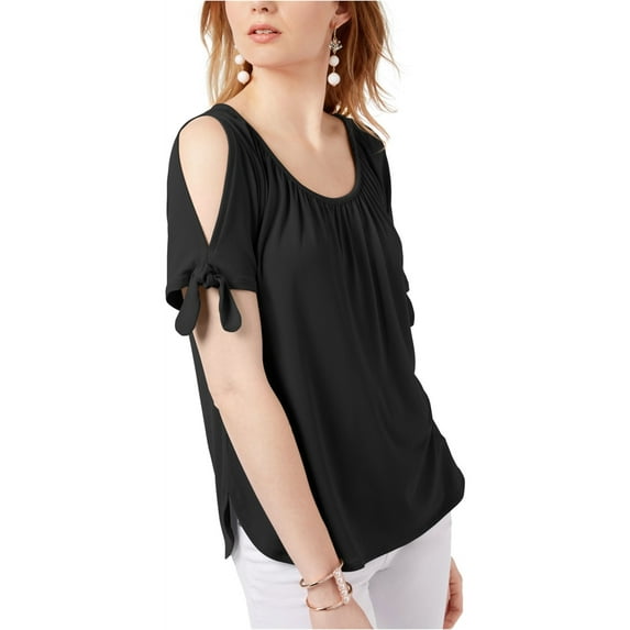 I-N-C Womens Tie Sleeve Cold Shoulder Blouse, Black, Medium