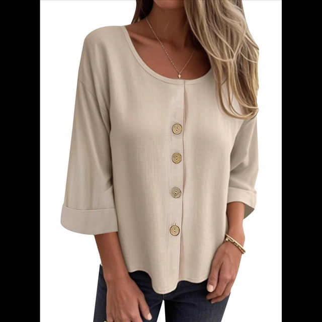 Blusas de para Mujer, Cuello en V, Mangas 3/4, Abotonadas, Sueltas, Informales, Lisas, Tipo Túnica. Albaricoque XXXL