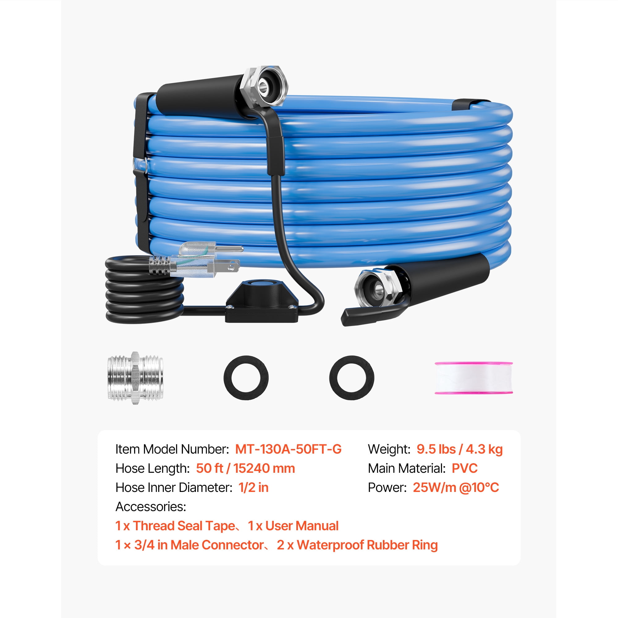 KFFKFF 50FT Heated Water Hose for RV, Antifreeze to -45°F, 1/2" ID, Smooth Surface, Built-in Thermostat, Freeze-Resistant, Leak-Proof, Lead-Free, BPA-Free, Quick Heating for RVs, Camping, and Gardens