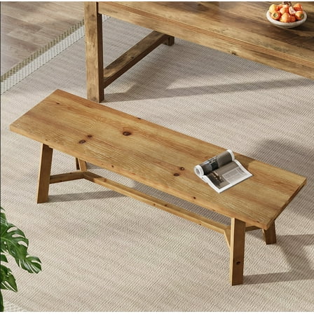 Finmind Solid Wood Dining Bench, Farmhouse 55.12-Inch Long Kitchen Bench with Strengthened Legs for Dining Room, Natural Brown