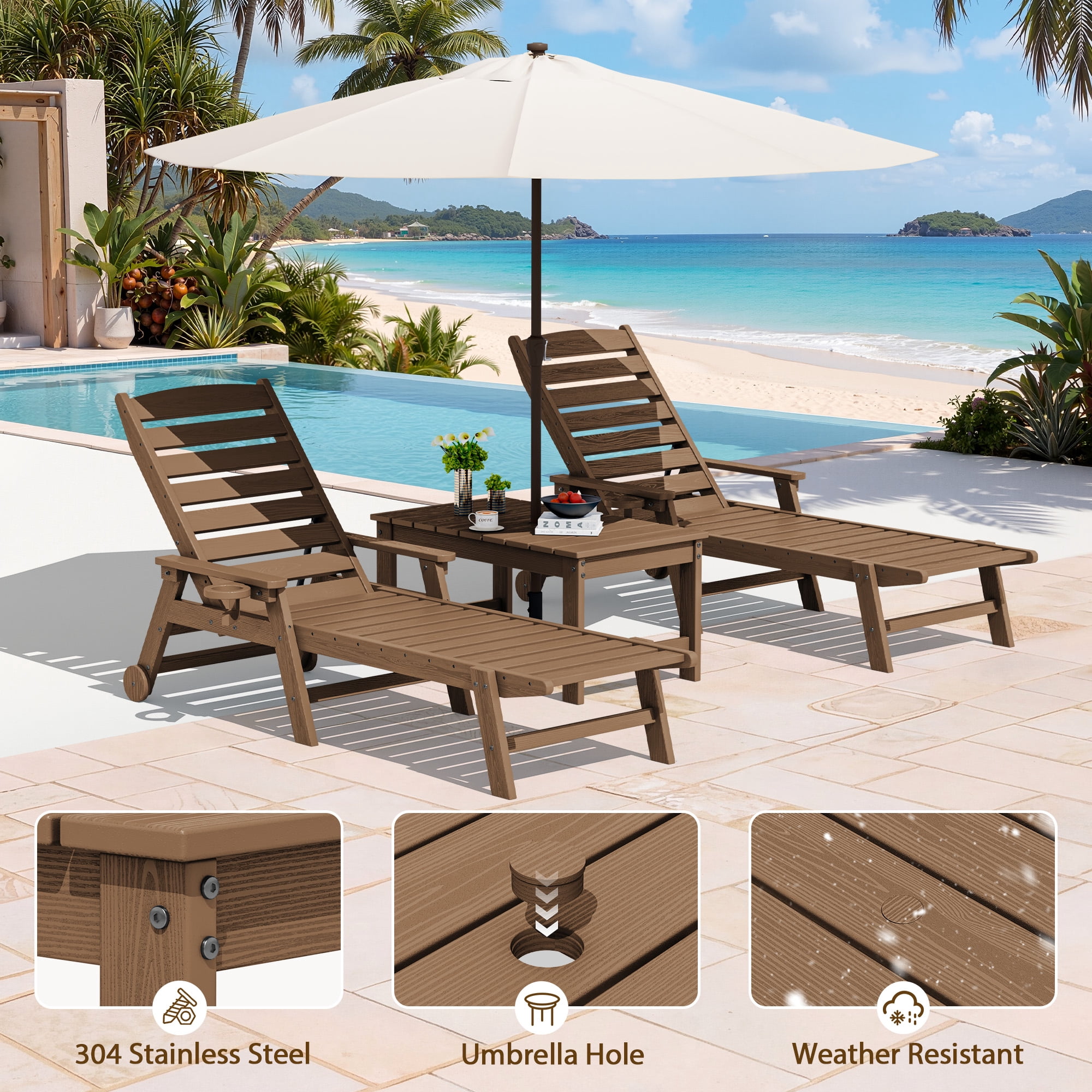 SERWALL Outdoor Rectangle Coffee Table with Umbrella Hole, 19.7" x 33.7" HDPE All Weather Patio Coffee Table, Brown