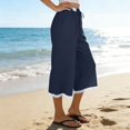 thumbnail image 2 of Women's Linen Culottes Wide Leg Flowy Pants Palazzo Casual Drawstring Loose Lace Capris with Pockets, 2 of 9