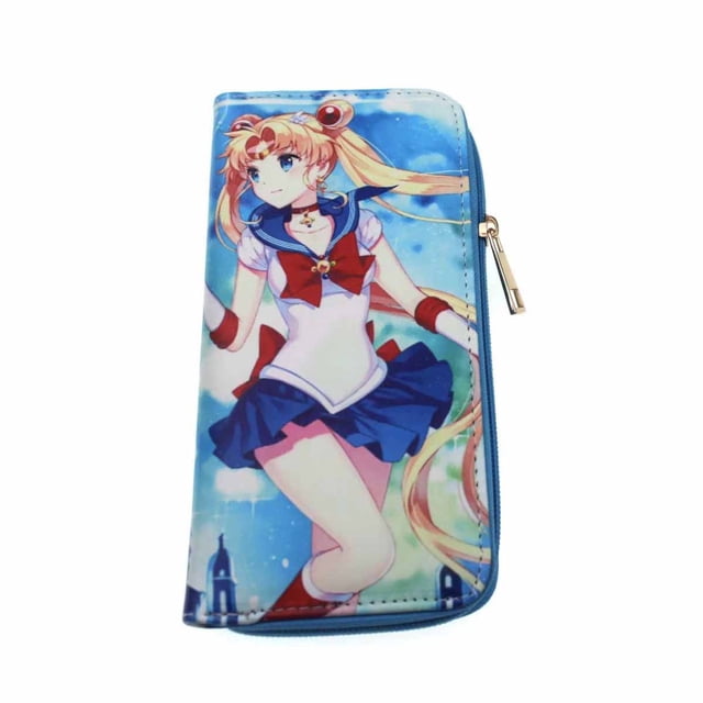 Cartera Sailors Moons, personajes de anime, delgada y doblada, de piel sintética