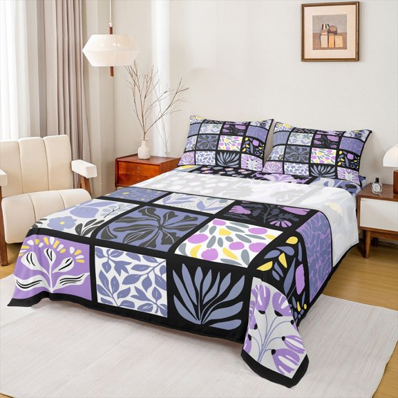 jejeloiu Abstract Floral Bed Sheets For Girls,Patchwork Print Full Size Sheets,Purple Black White,4-Piece,1 Flat Sheet, 1 Fitted Sheet and 2 Pillowcases