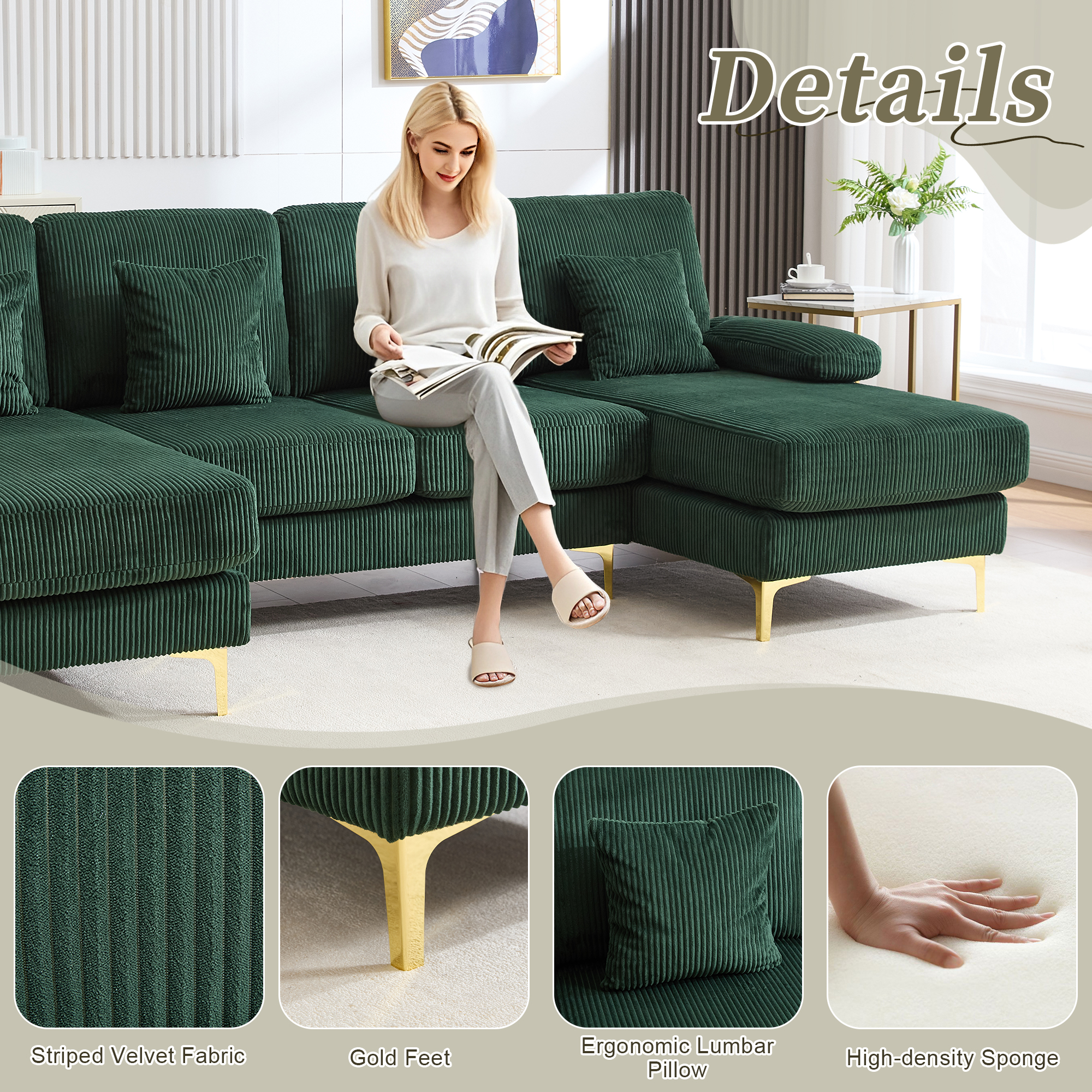 MOONMISS Corduroy Upholstered U-shaped Adjustable Light Modular Sectional Sofa With Type-C and USB ports-Emerald