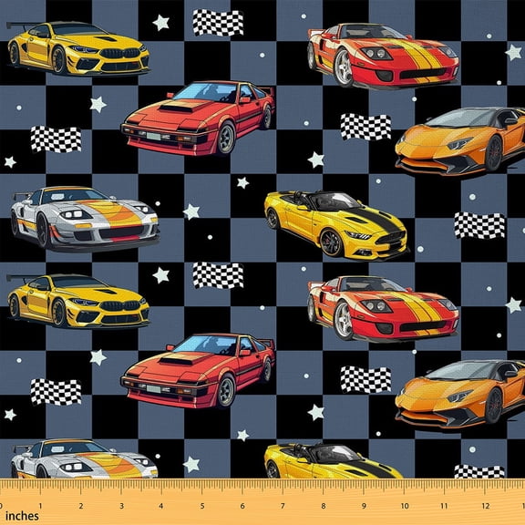 Homewish Kids Racing Car Fabric by the Yard 1 Yard, Extreme Sports Room Decor Fabric by the Yard, Vehicle Checkered Flag Sewing Fabric, Lightweight Room Decor