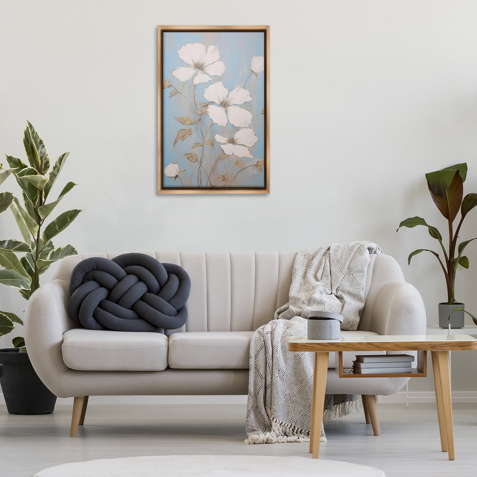 Stupell Industries White Petal Flowers Botanical & Floral Painting Brown Floater Framed Art Print Wall Art, 21 x 31