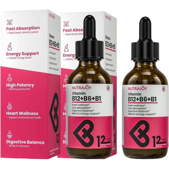 Nutrajoy B12, B6 & B1 Vitamin Liquid Drops Sublingual Methylcobalamin for Energy, Brain and Heart Support, Raspberry Flavor, Vegan, 2 Pack, 2 fl oz