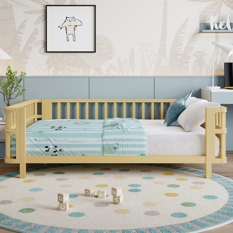 Bellemave Full Size Montessori Bed with Fence, Metal Low Platform Bed Frame with Detachable Side Bed Rails and Rounded Corner Design, Multiple Usage Methods Bed, No Box Spring Needed (Natural）