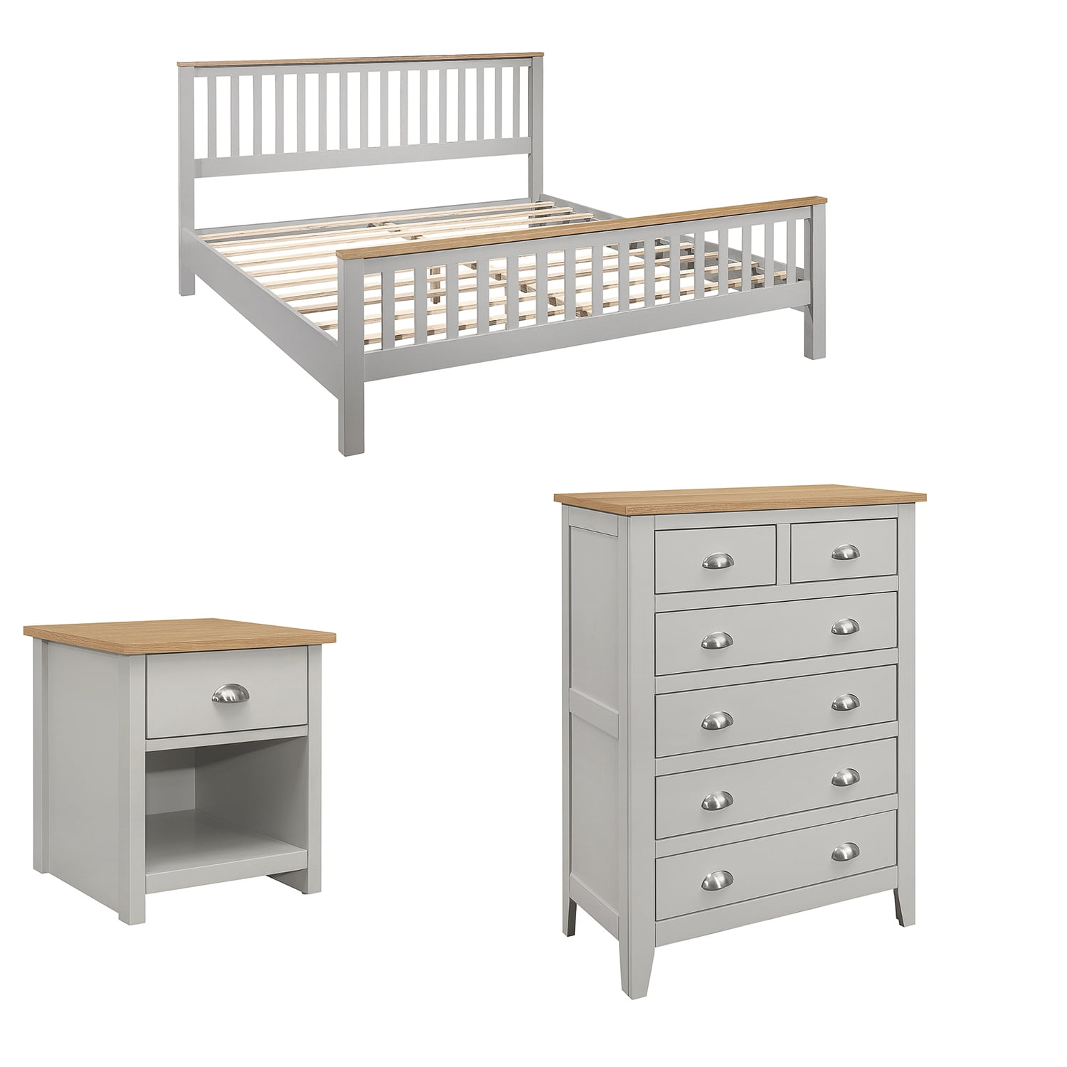 Kadyn 3 Pieces Country Gray with Oak Top Bedroom Sets, King Wood Bed with Headboard, Modern MDF Nightstand and Chest for bedroom. Gray