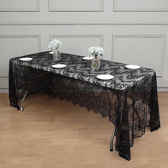 Balsa Circle 60" x 120" Black Floral Premium Lace Rectangle Tablecloth Catering