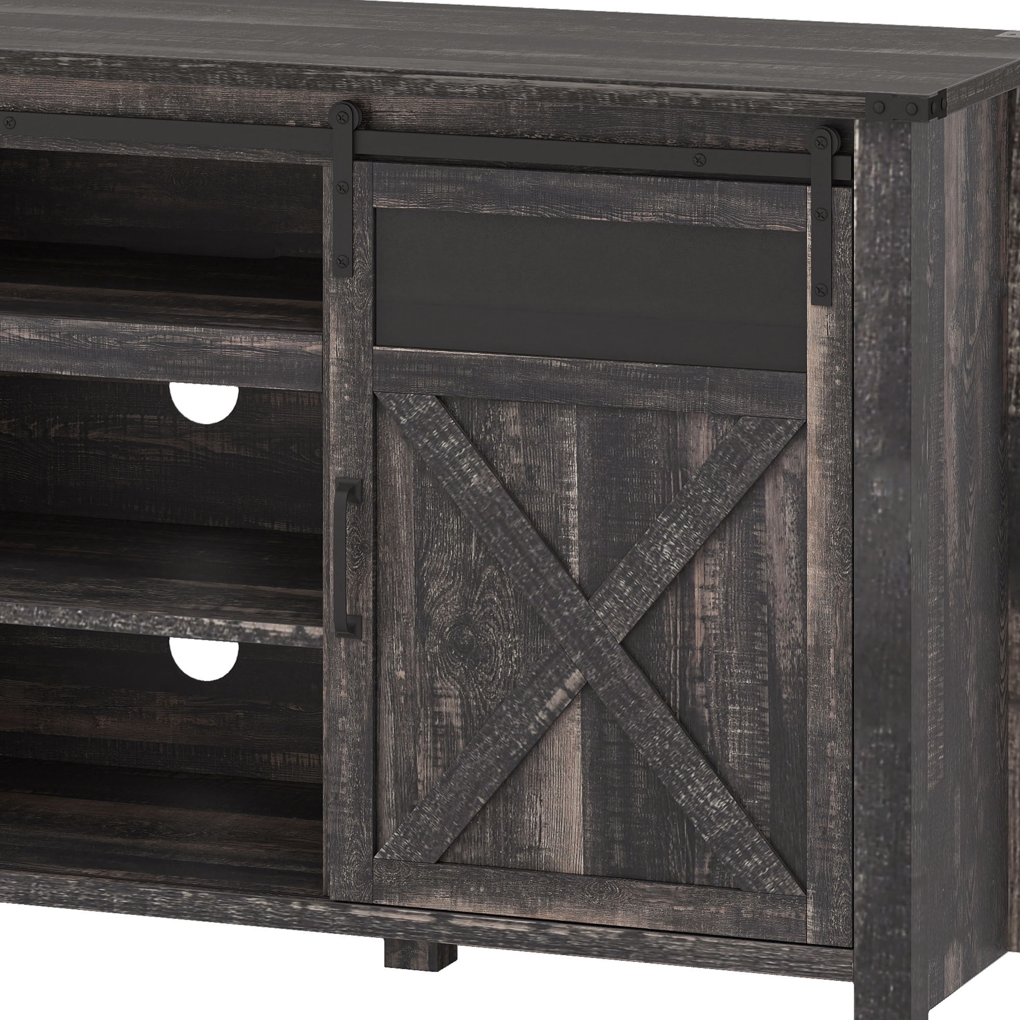 Uforic 60in Farmhouse TV Stand with Power Outlet, Storage Drawers,Dark Wood Grain
