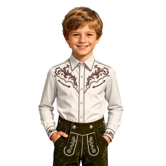 Kiijoy Toddler Boys Cowboy Shirt Western Print Long Sleeve Button Down Shirt for Kids, Beige, 3-4 Years
