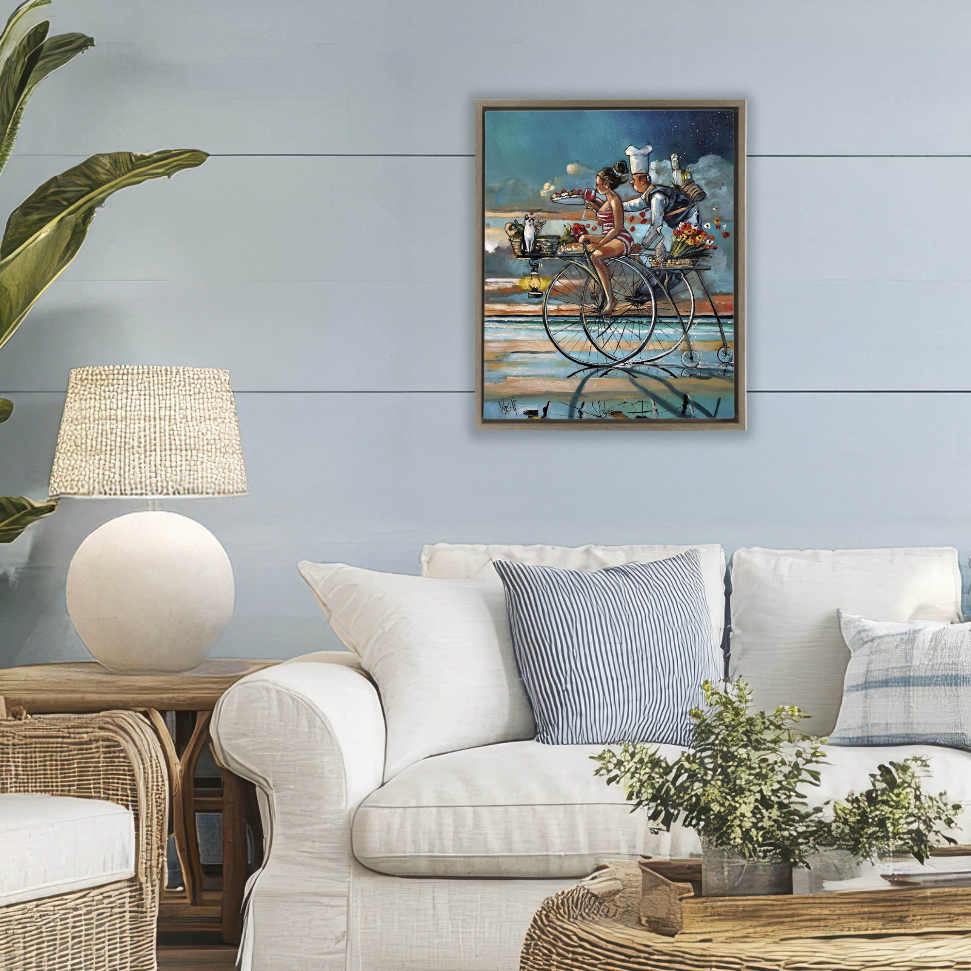 Stupell Industries Zaan's Dream Seaside Bicycle Ride Brown Framed Floater Canvas Wall Art, design by Ronald West