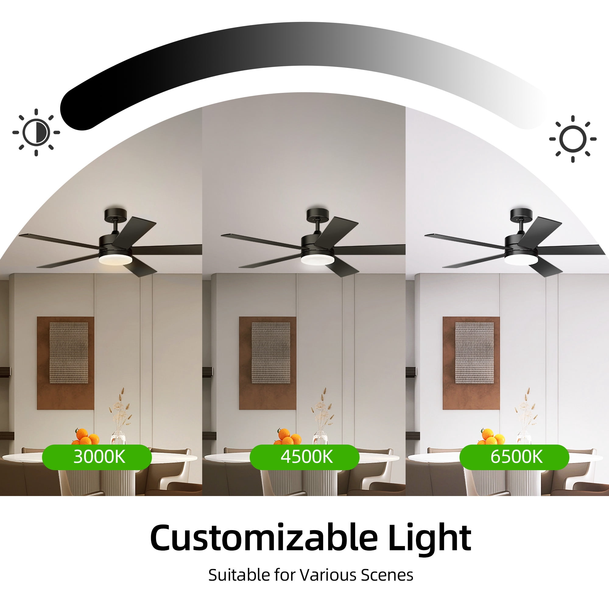 KISSAIR 52 In Ceiling Fan 5 Blades with Light and Remove Control 6 Speeds & Reversible DC Motor,3 Color Dimmable LED, Ultra Quiet 45dB, Timer Function ,Black
