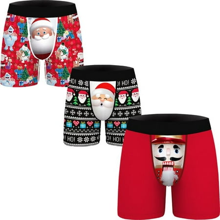 

QWZNDZGR2022 European and American New Year Christmas Boxershorts Mens Mid-Waist Hip Lifting Polyester Underwear 3Packs Boxers Pack