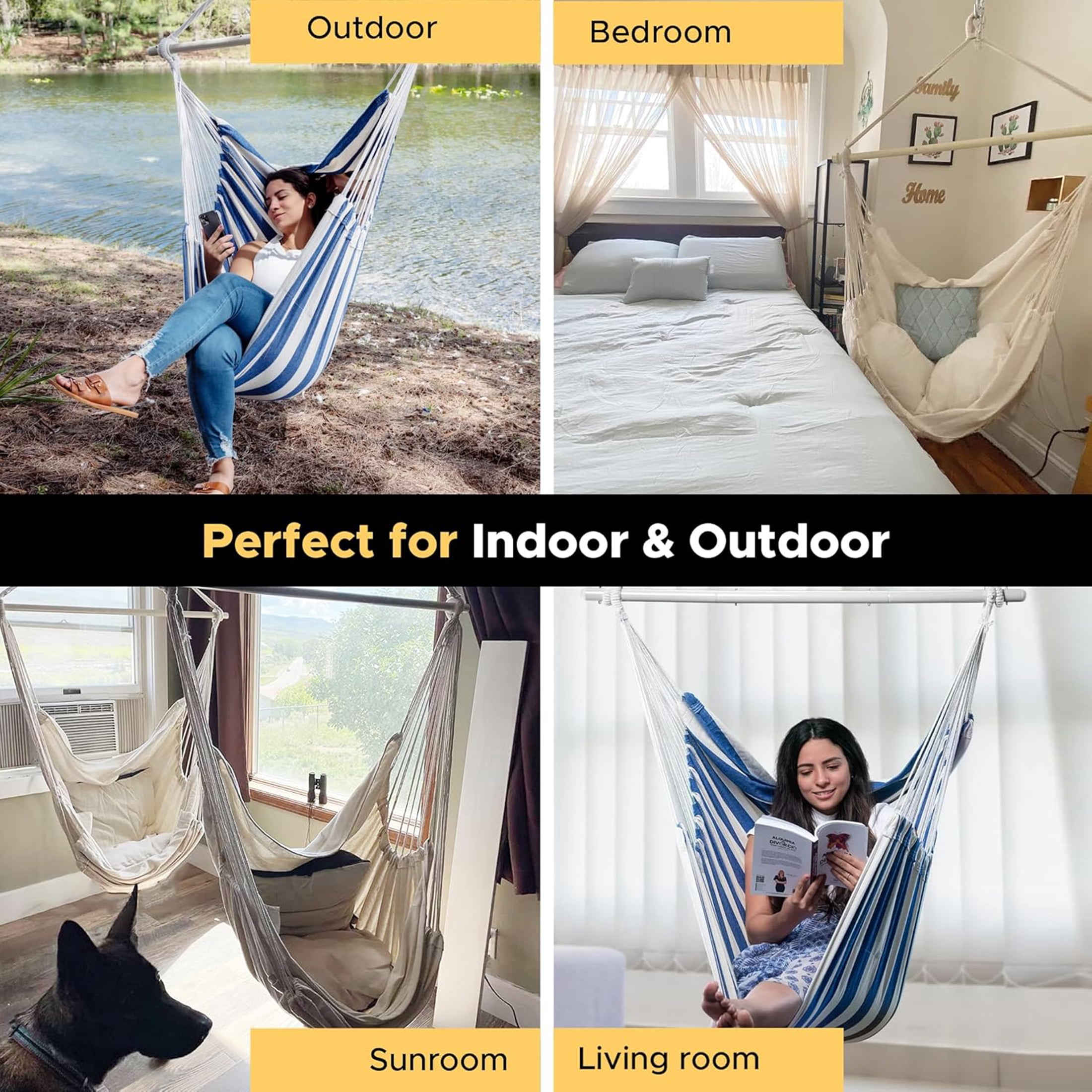 Sunyear Hammock Chair Anti-Slip Oversized Swing Chair  -  XXL Hanging Chair with  Steel Spreader Bar and Pocket for Bedroom, Patio, Outdoor/Indoor Use  (500 lbs Capacity)
