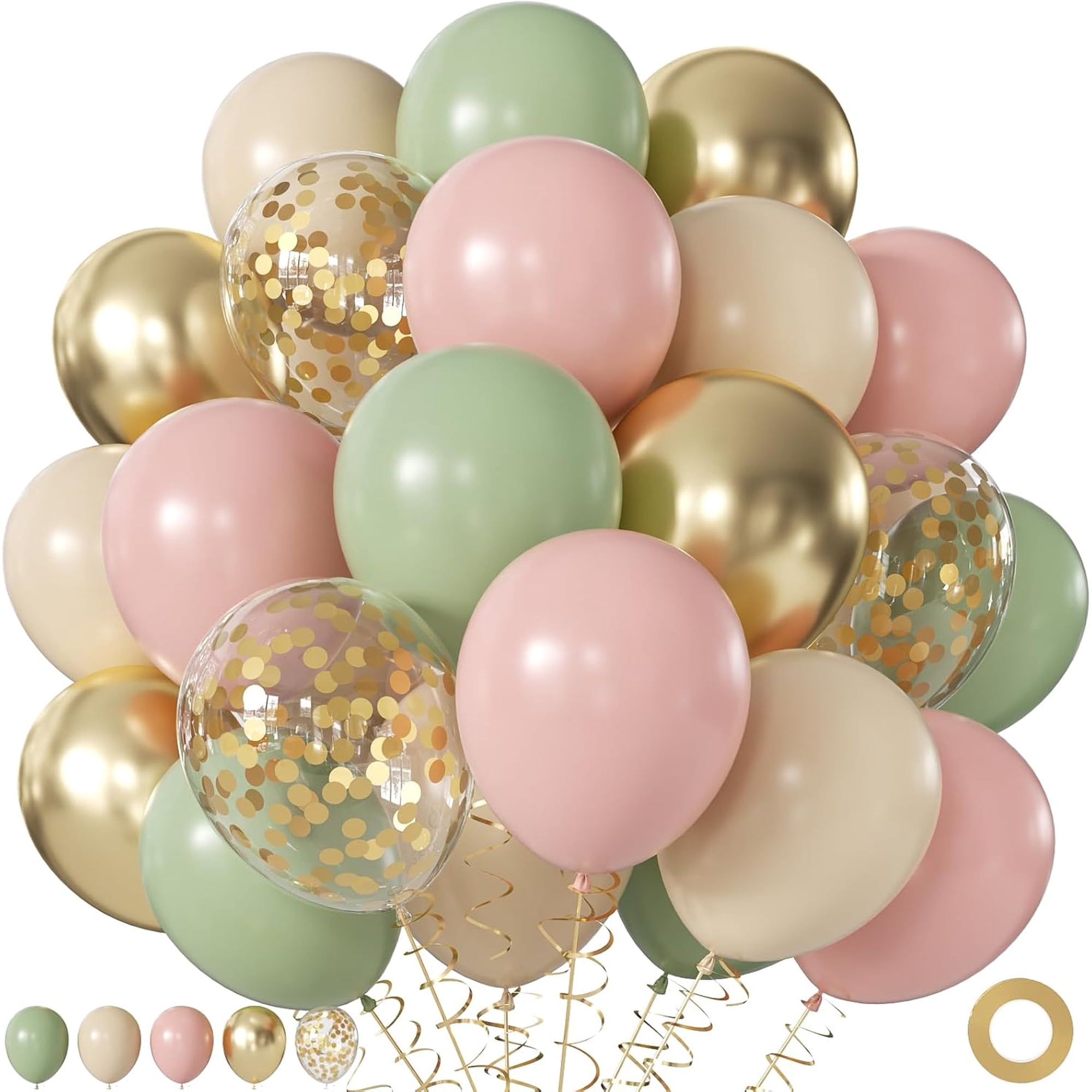 Pink and Green Balloons 60Pcs 12 Inch Sage Green Pink Sand White Gold Confetti Balloons for Boho Baby Shower Jungle Woodland Floral Fairy Birthday Party Decorations