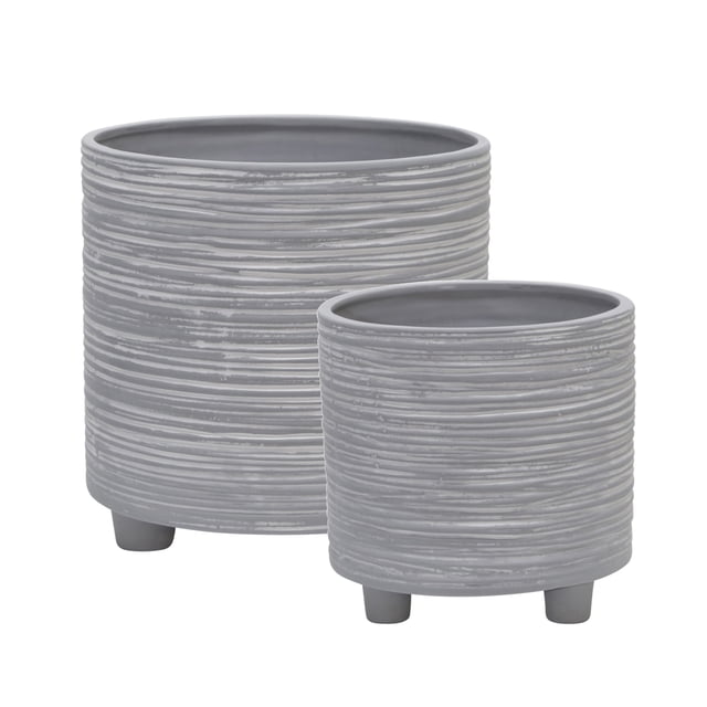 Sagebrook Home S/2 Ceramic Footed Planter W/ Lines 6/8", Beige