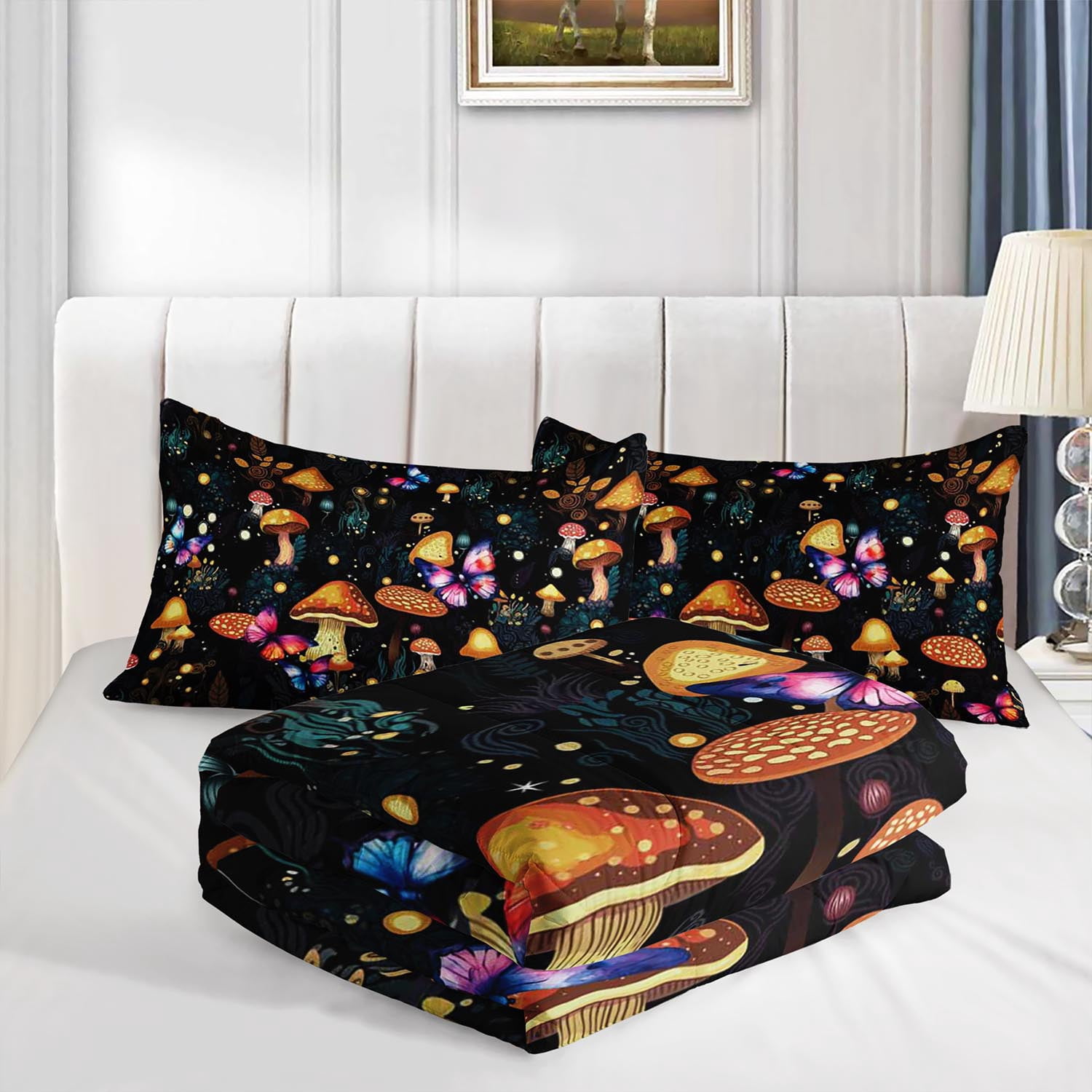 3pcs Mushroom Butterfly Comforter Set, Whimsical Bedding Set for Bedroom or Guest Room Decor, All Seasons Quilt Machine Washable Duvet with 2 Pillowcases