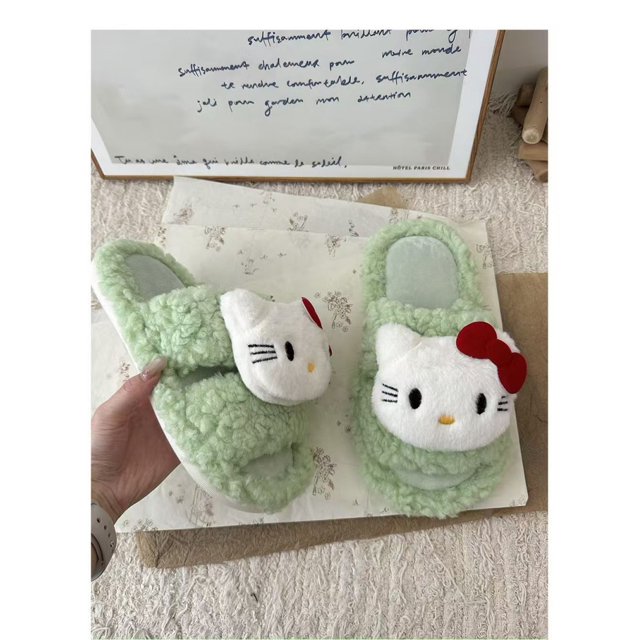 Y2K Hello Kitty Slippers Cute Plush Home Slippers Warm Cotton Slippers Non-Slip One-Word Drag Comfortable Lightweight Slippers