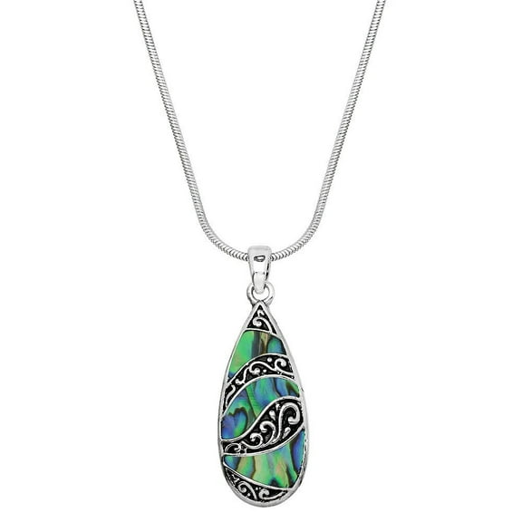 Tear Drop Abalone Shell Pendant Necklace or Earring Rhodium Plated 17 Inch Snake Chain J0434
