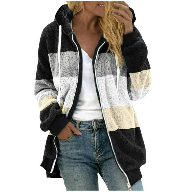 TQWQT Fleece Coats for Women Faux Fur Jacket Coat Fuzzy Fleece Jacket Plus Size Zip Up Drawstring Sweatshirt Oversized Light Blue S