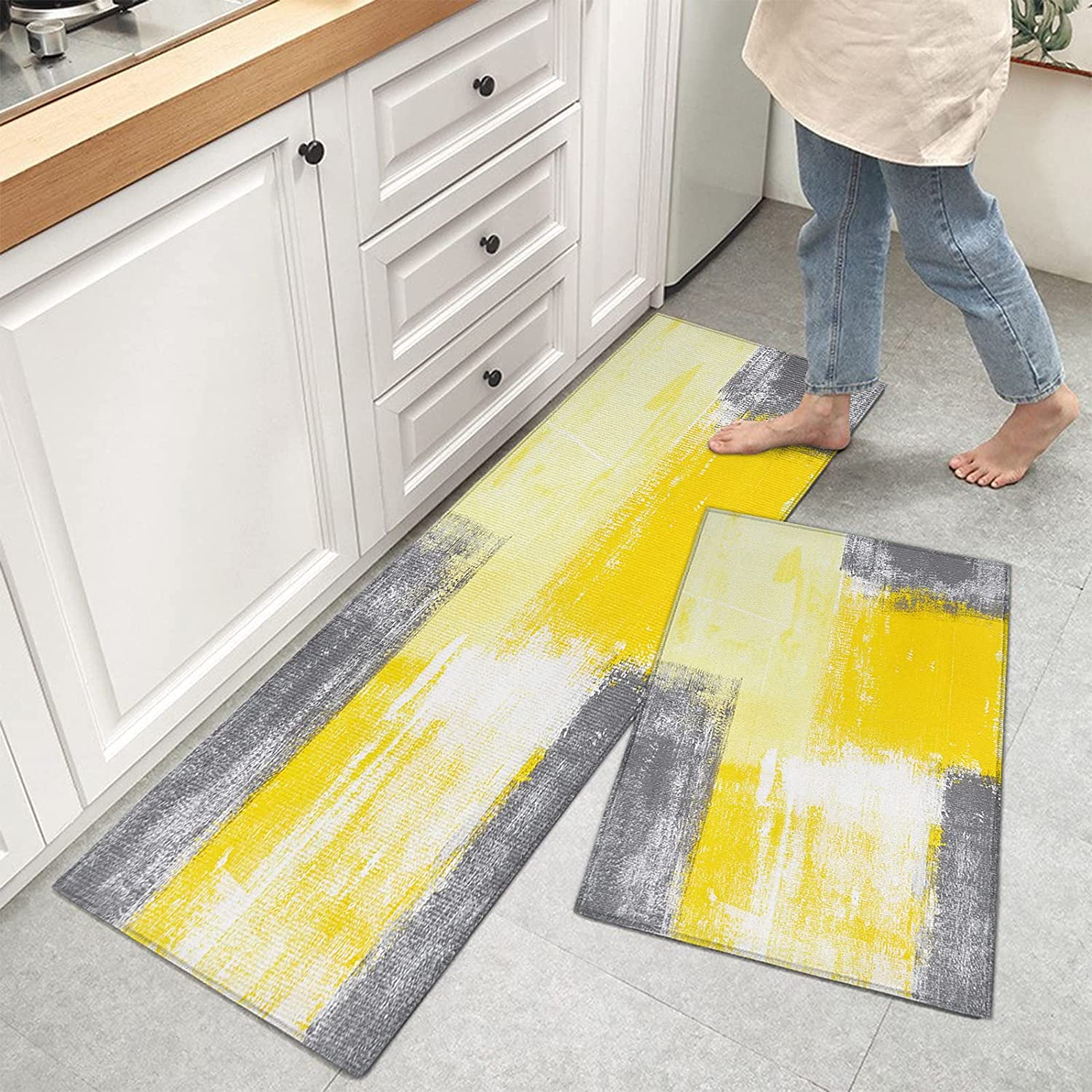 Yellow Abstract Art Kitchen Mat, Abstract Art Painting Kitchen Rugs Kitchen Organization, Home