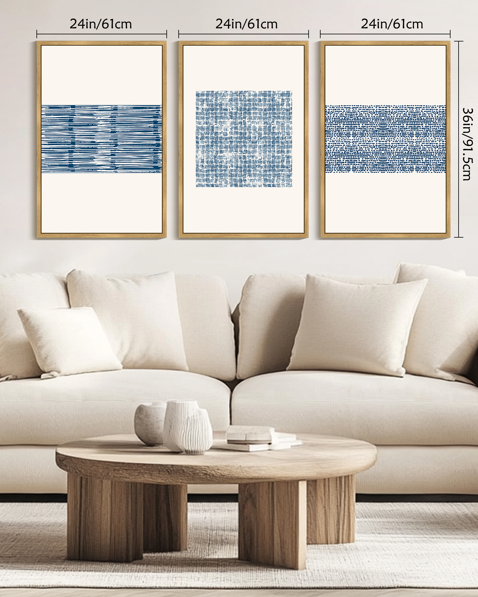 SHENIFY Large 24x36in3pcs Natural Framed Abstract Boho Art Framed Wood Blue White Grunge Geometric Wall Decor Minimalist Bohemian Bedroom Decor Canvas Prints