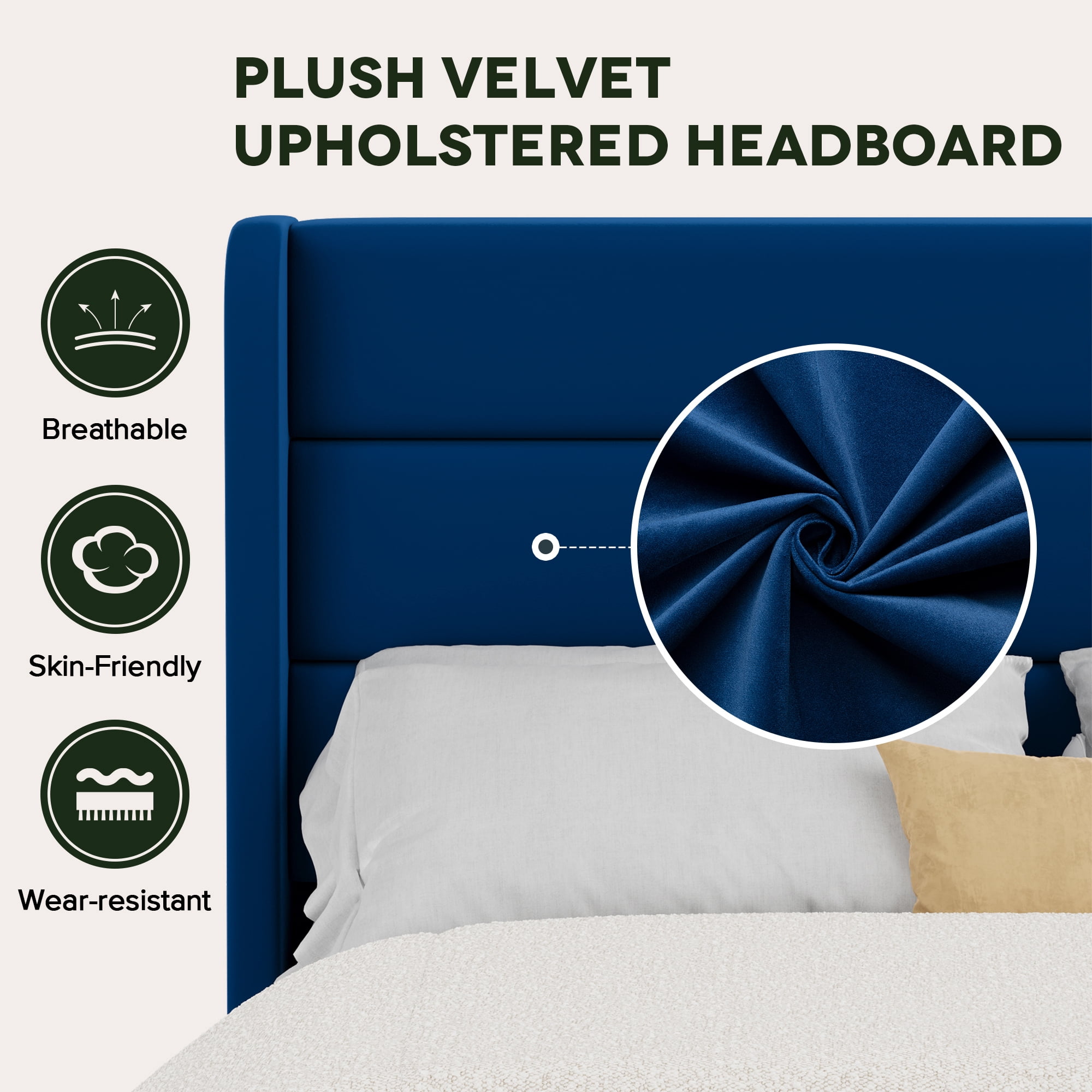 Einfach Queen Size Luxury Velvet Upholstered Platform Bed Frame with Wingback Headboard, Dark Blue