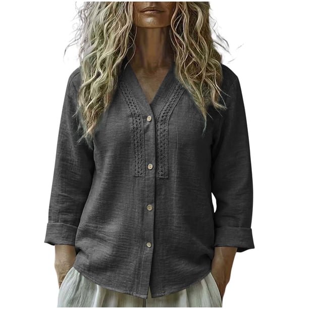 Camisas de Cuello de la Tripulación de Manga Corta para las Mujeres Lino Color Sólido V-Cuello Botón-Abajo Blusa, Manga Larga Top Casual para la Primavera Y el Verano