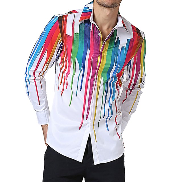 Camisas De Vestir Para Hombre 5xl Camisas superiores de primavera para hombres, parte superior con estampado de tinta de salpicaduras, camisas informales de manga larga con botones formales (White, M)
