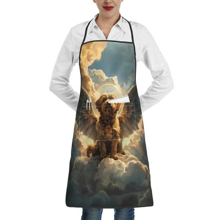 

Qekee Cloud Rainbow Winged Dog Print Adjustable Bib Apron Resistant with Pocket Cooking Kitchen Aprons for Women Men Server Chef Apron