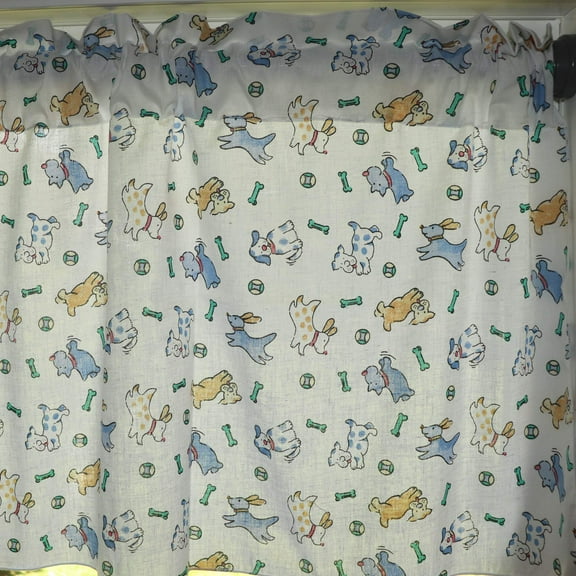 Cotton Window Valance Animal Print 58 Inch Wide Puppies Chase Ball and Bone Blue on White