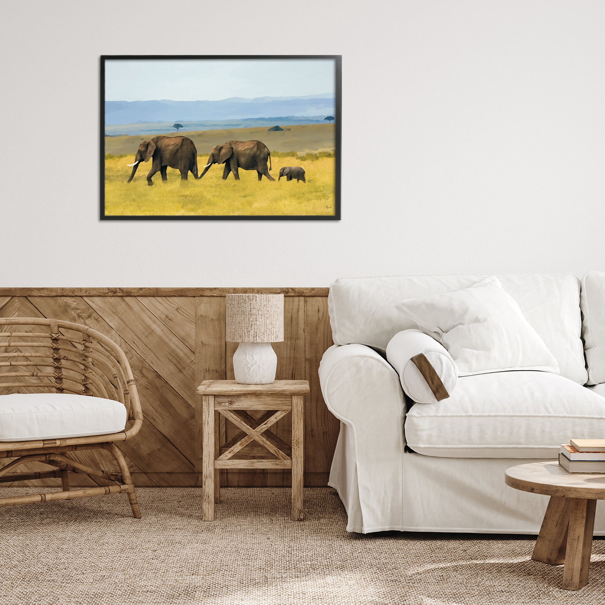 Stupell Industries Elephants In The Grassland Black Framed Giclee Art, design by Renel Peters