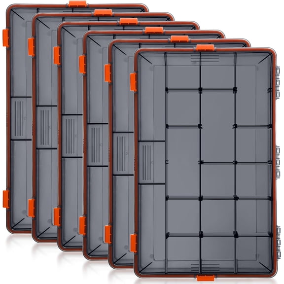 6 Pack Fishing Tackle Boxes Waterproof 3600 and 3700 Tackle Trays with Removable Dividers Plastic Lures Terminal Storage Organizer Box for Bait Vault (Orange)
