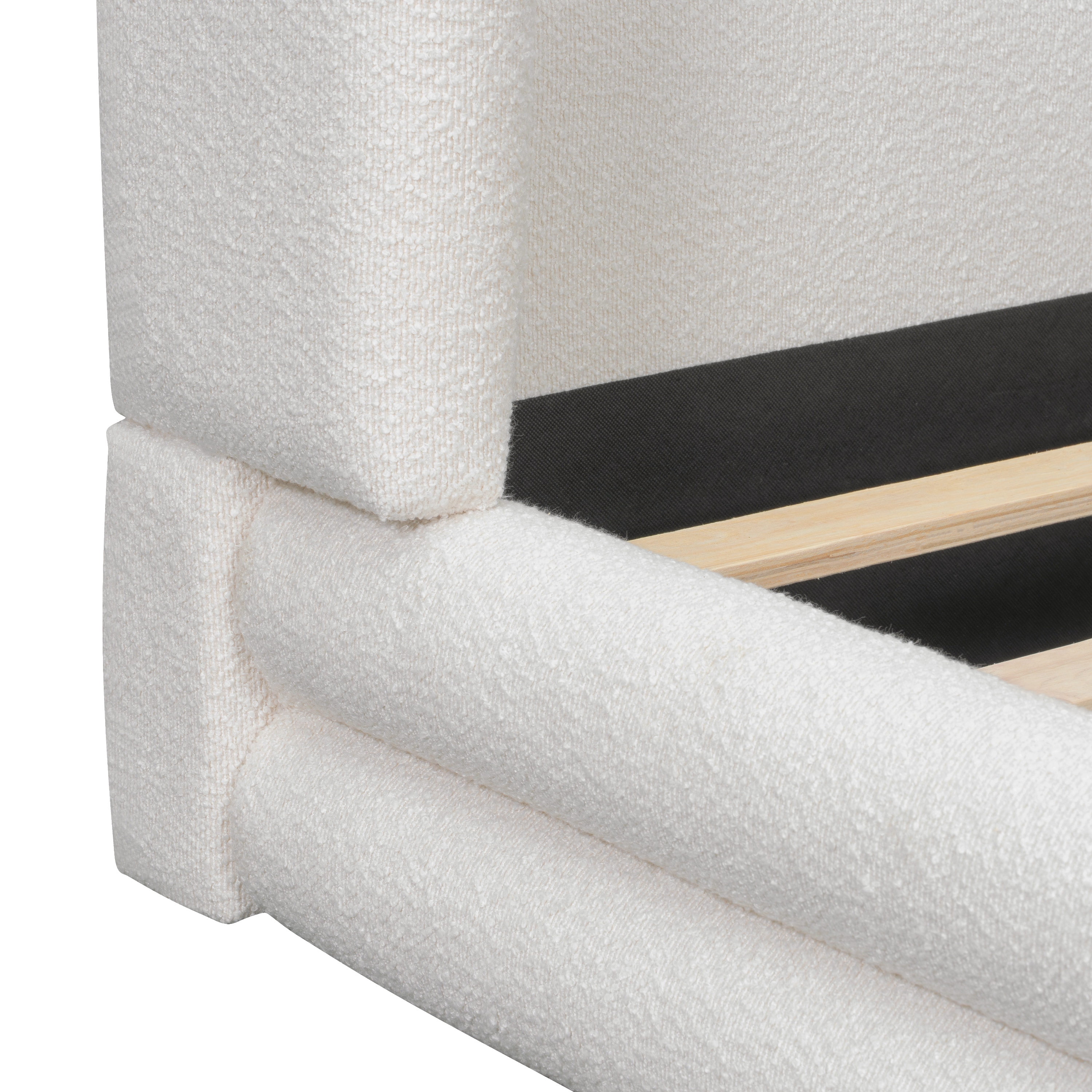 King Size Upholstered Bed Frame with Boucle Thick Wingback Headboard, Platform Bed with Wood Slats for Bedroom, White