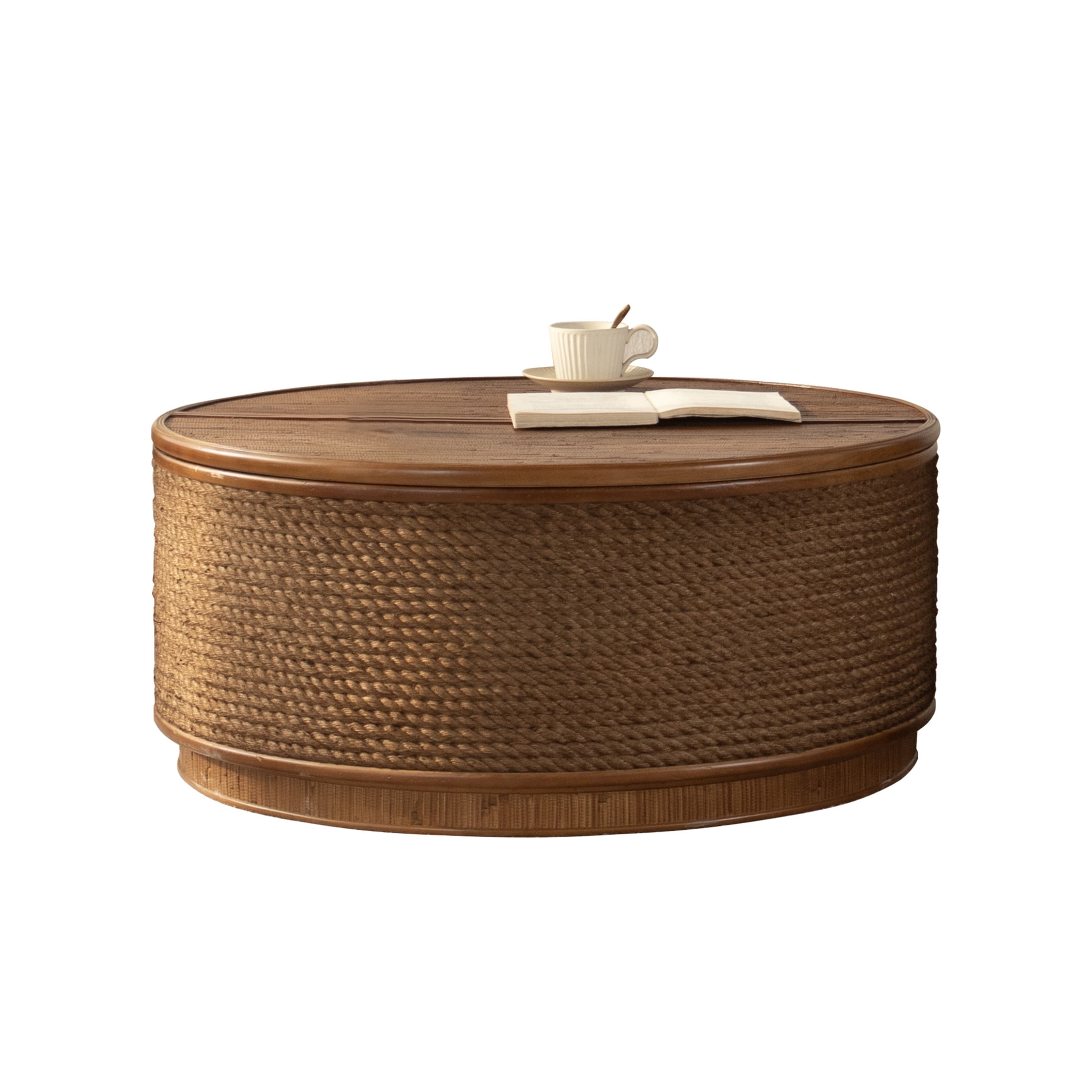 Noble House 31" Round Rattan Storage Coffee Table with Lift-Off Lid and Hand-Woven Rope Trim, Boho-Chic, Natural Wood