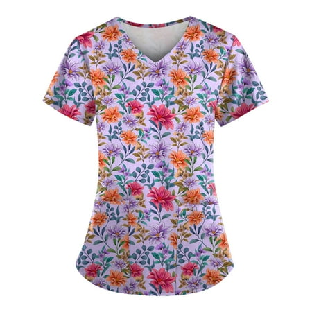 

TKing Fashion Women Plus Size Scrubs Top V-Neck Short Sleeve Flower Print Pockets Work Blouse for Women Purple 5XL