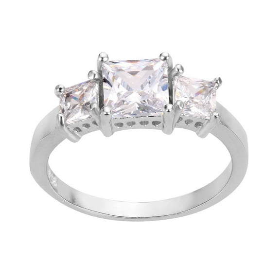 Three Stones Princess Cut Cubic Zirconia Ring Sterling Silver Size 10