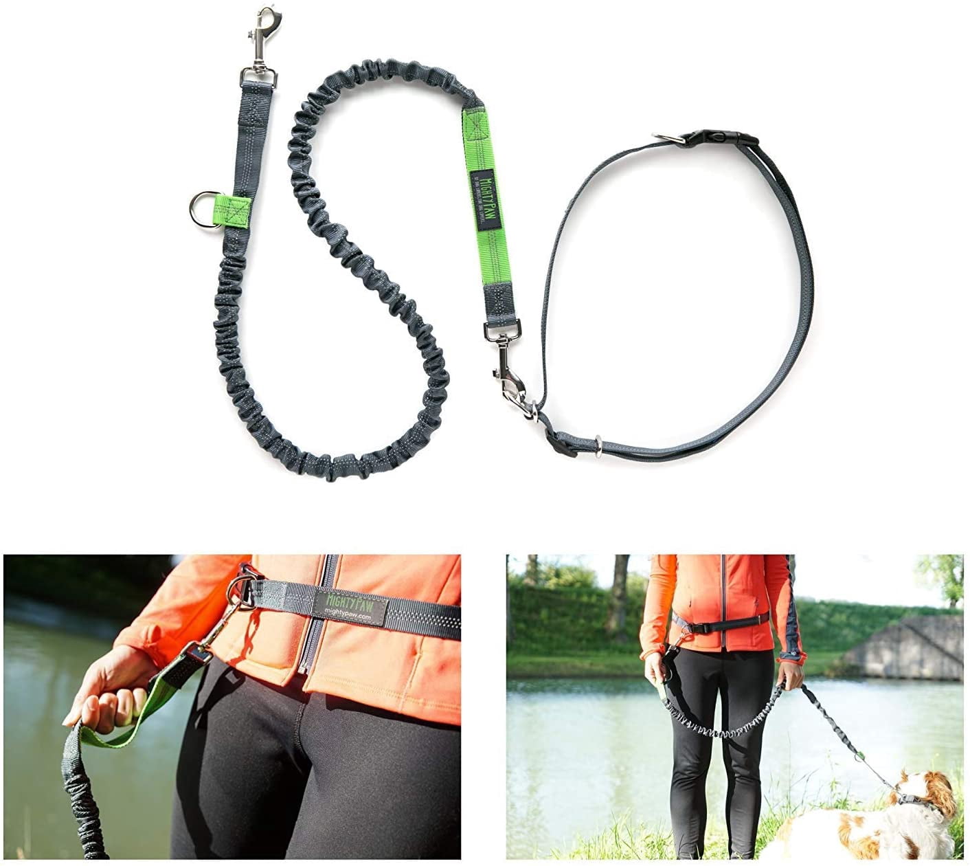 (2 pack) Mighty Paw Hands Free Dog Leash, Premium Running Dog Leash, Lightweight Reflective Bungee Dog Leash (Grey/Lime - 36 inch Bungee)