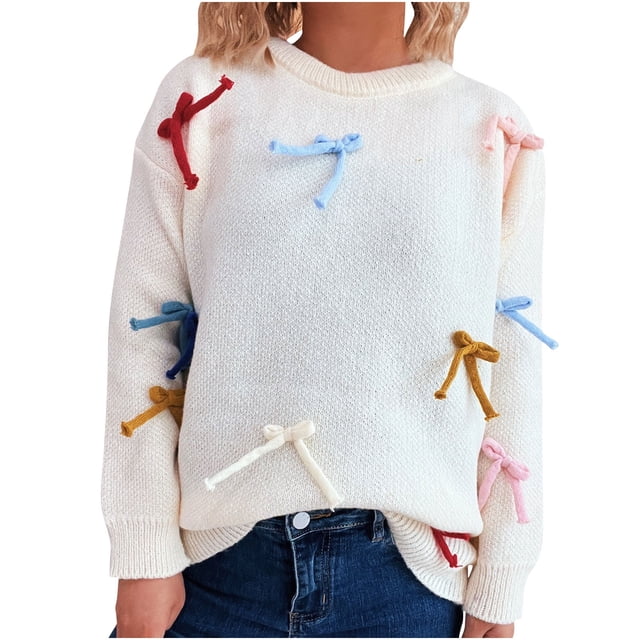 Lenpel Chandails pour Femmes Doux à Manches Longues Col Rond Tricoté avec Nœuds Amples Décontractés (Blanc, Moyen)
