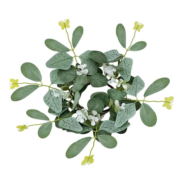 Anillos de vela, corona de eucalipto, guirnalda verde, mesa de comedor, vela decorativa, corona, portavelas, anillos para celebración Blanco