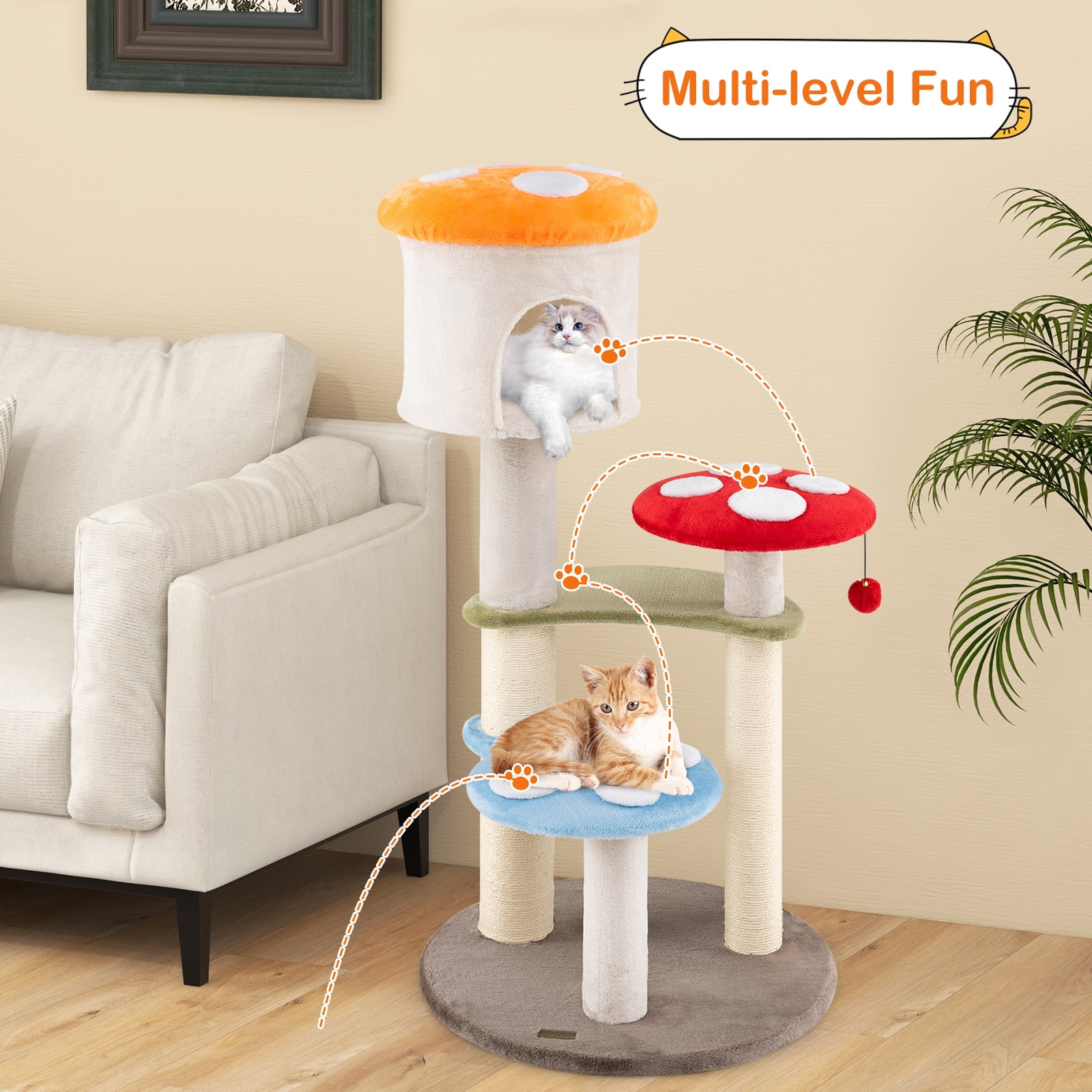 Gymax Cute Mushroom Cat Tree 48'' Tall Cat Tower w/ Sisal Scratching Posts Top Condo